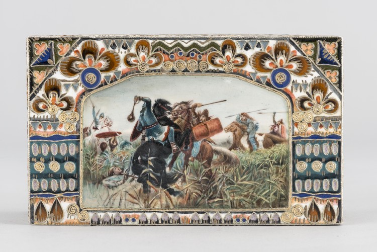 Casket with enamel miniature "Battle of Scythians with Slavs" (based on the painting by V. Vasnetsov)